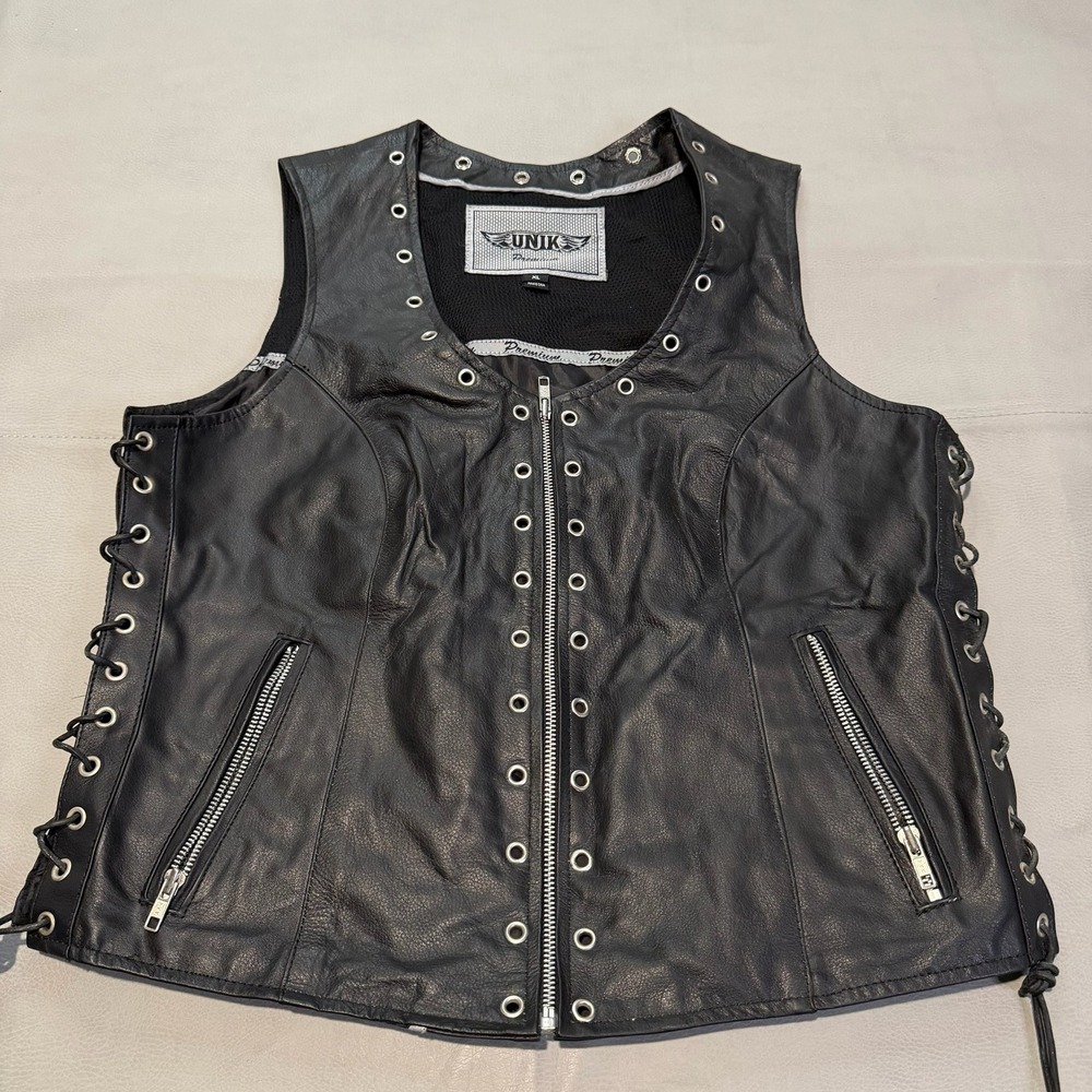 Unik Premium Women Black Leather Biker Moto Emo Vest Side Lace Zip Grommet XL-
